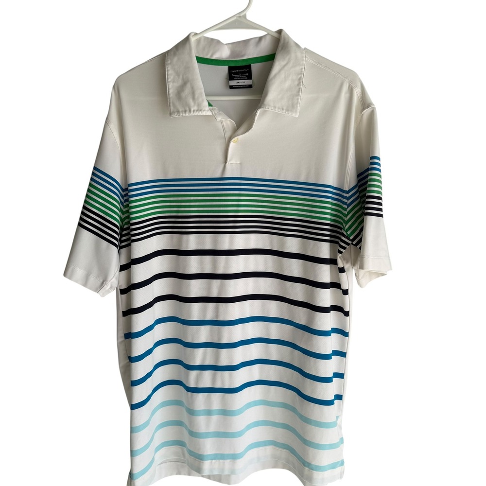 NIKE GOLF Dri-Fit Tour Performance White and Green Striped Mens Athletic Polo, L